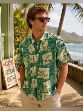 Reyn Spooner Eddy Y Beach Themed Hawaiian Shirt Size XL